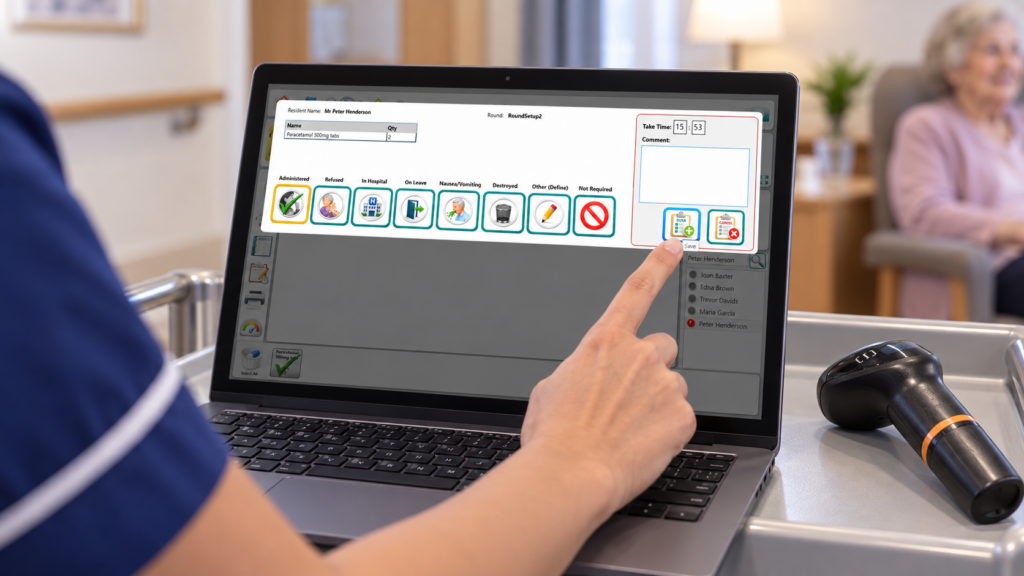 Care worker recording a medication round in eMARx on a laptop beside a barcode scanner, using demonstration data.